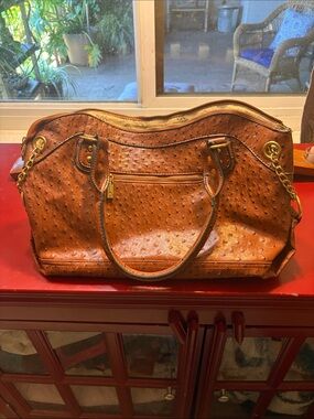 Michael Kors Cognac Ostrich-Embossed Tote with Gold Chain Accents